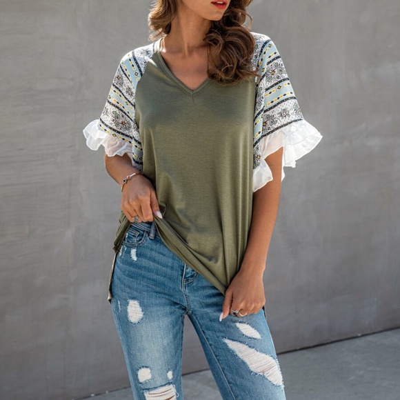 Boho chic ruffle sleeve Print top - white - Picture 2 of 11